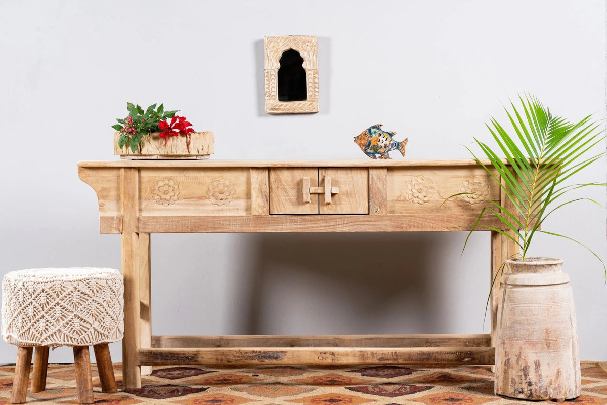Ramlal Reclaimed Teak Rustic Console Table with Floral Carved Panels - DOBRI ARTS AU