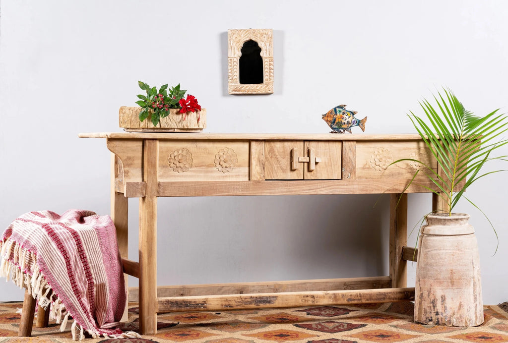 Ramlal Reclaimed Teak Rustic Console Table with Floral Carved Panels - DOBRI ARTS AU