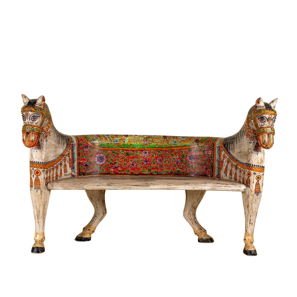 Rangila Hand-Painted Wooden Horse Bench – Vibrant Indian Folk Art Carved Accent Seat, 160cm - DOBRI ARTS AU