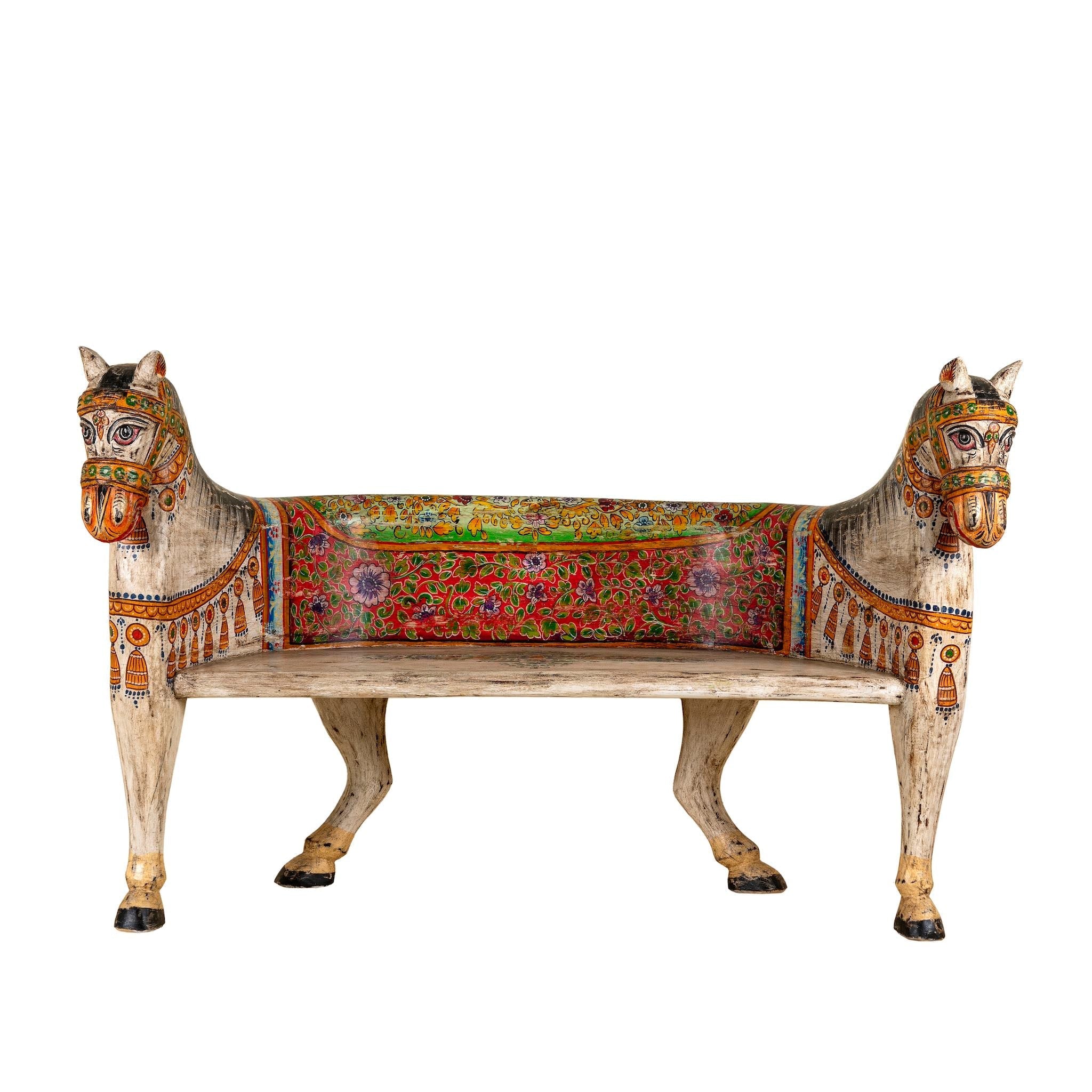 Rangila Hand-Painted Wooden Horse Bench – Vibrant Indian Folk Art Carved Accent Seat, 160cm - DOBRI ARTS AU