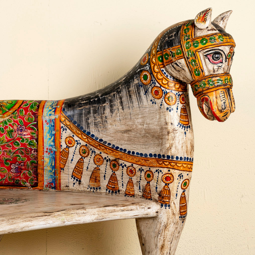 Rangila Hand-Painted Wooden Horse Bench – Vibrant Indian Folk Art Carved Accent Seat, 160cm - DOBRI ARTS AU