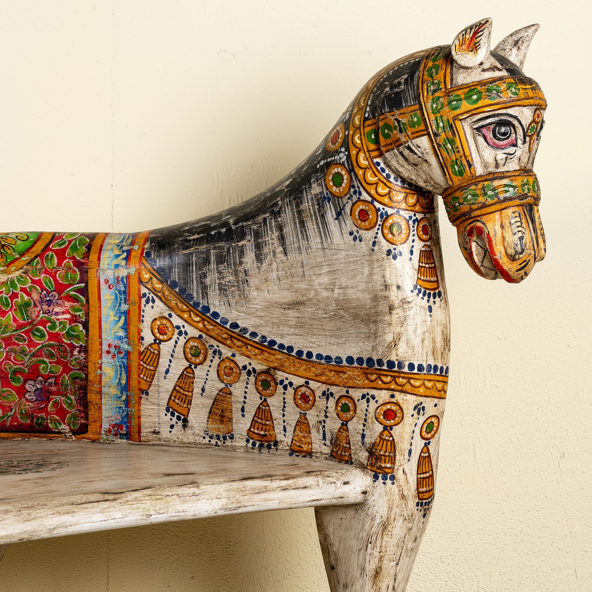 Rangila Hand-Painted Wooden Horse Bench – Vibrant Indian Folk Art Carved Accent Seat, 160cm - DOBRI ARTS AU