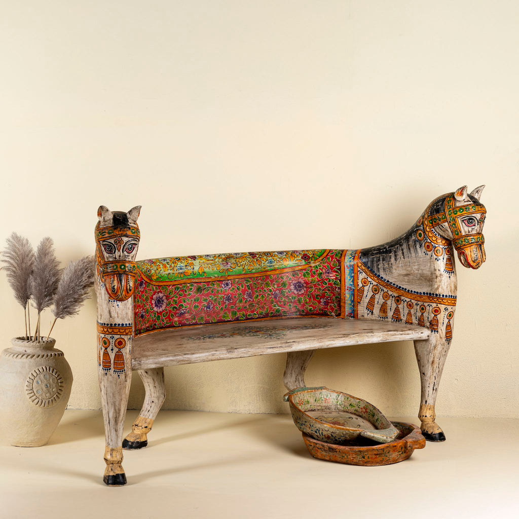 Rangila Hand-Painted Wooden Horse Bench – Vibrant Indian Folk Art Carved Accent Seat, 160cm - DOBRI ARTS AU