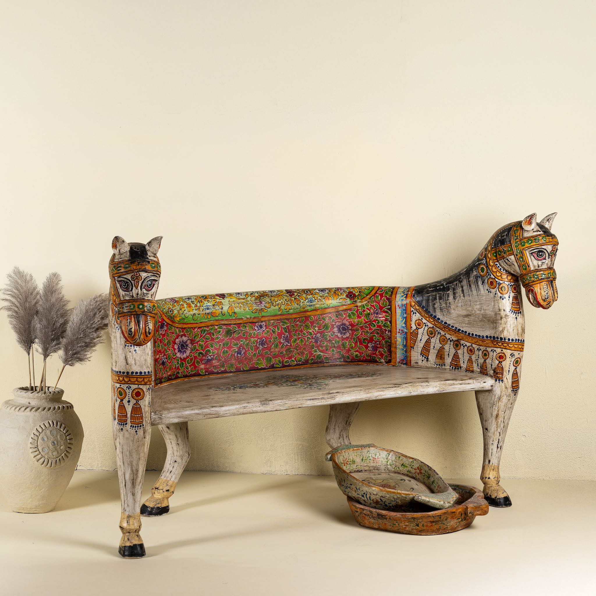 Rangila Hand-Painted Wooden Horse Bench – Vibrant Indian Folk Art Carved Accent Seat, 160cm - DOBRI ARTS AU