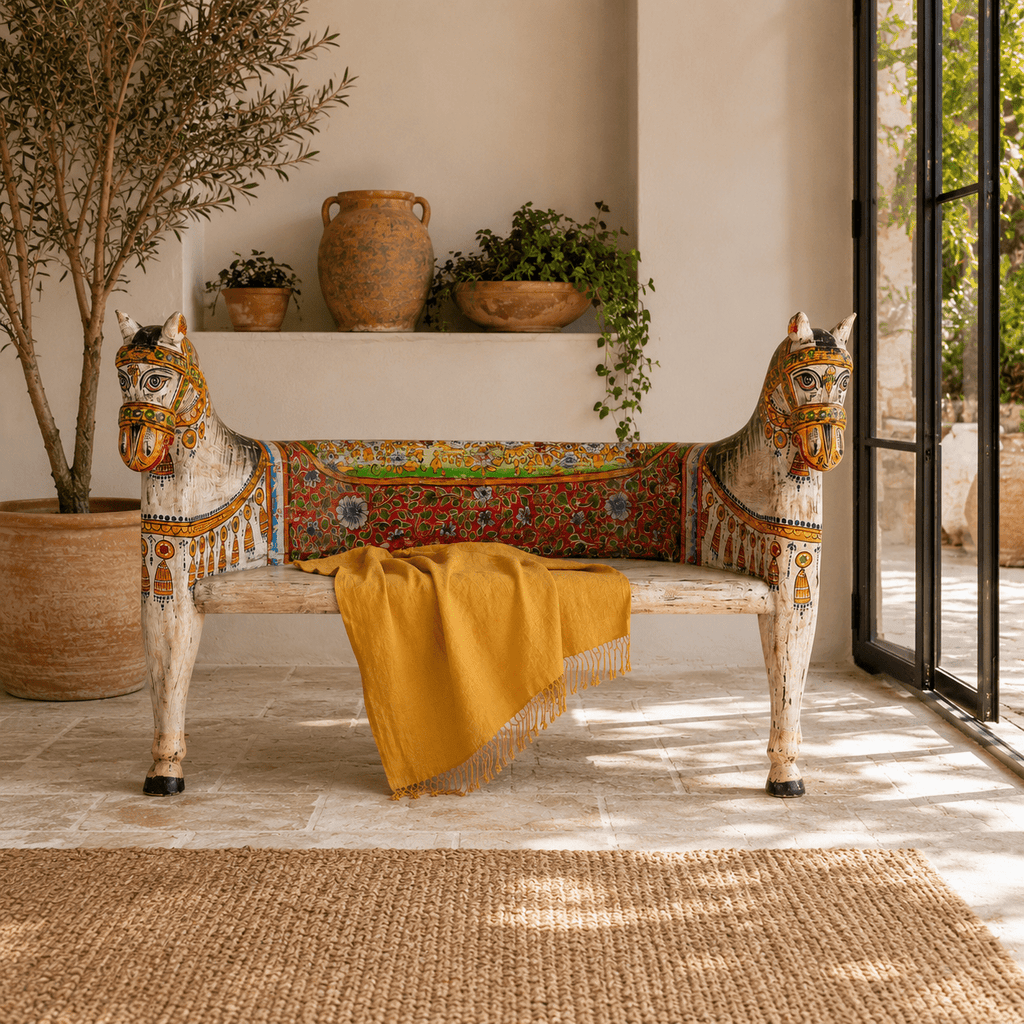 Rangila Hand-Painted Wooden Horse Bench – Vibrant Indian Folk Art Carved Accent Seat, 160cm - DOBRI ARTS AU
