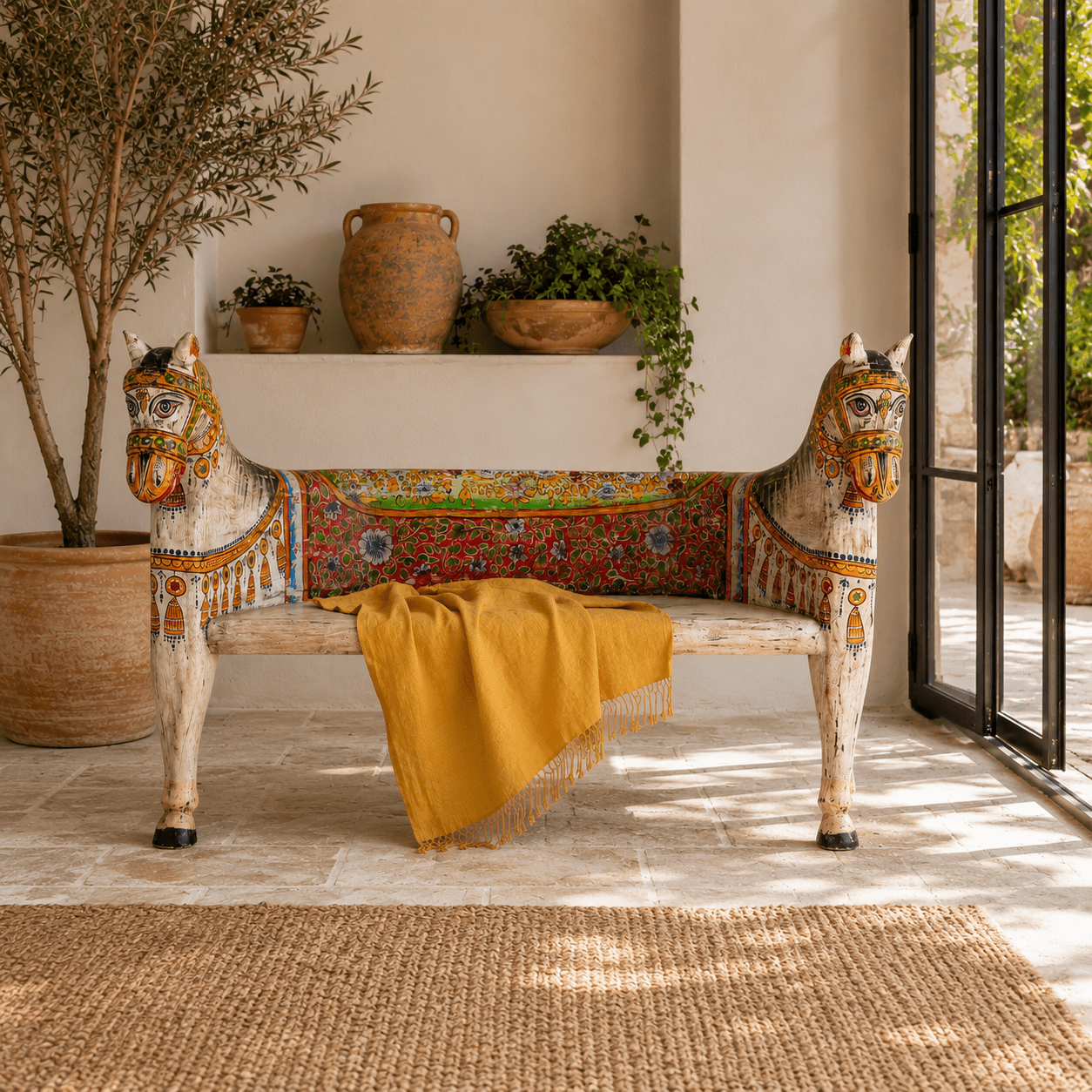 Rangila Hand-Painted Wooden Horse Bench – Vibrant Indian Folk Art Carved Accent Seat, 160cm - DOBRI ARTS AU