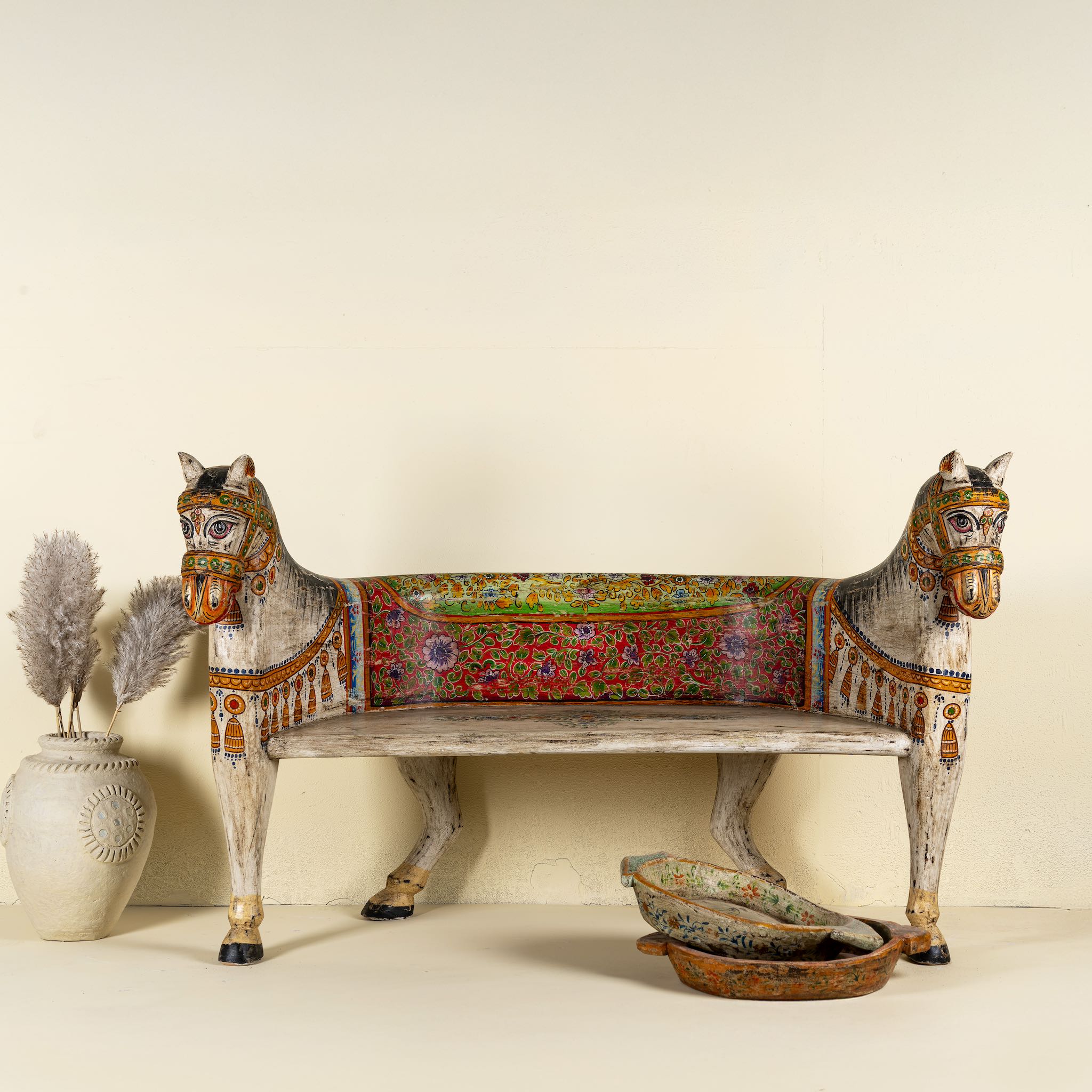Rangila Hand-Painted Wooden Horse Bench – Vibrant Indian Folk Art Carved Accent Seat, 160cm - DOBRI ARTS AU
