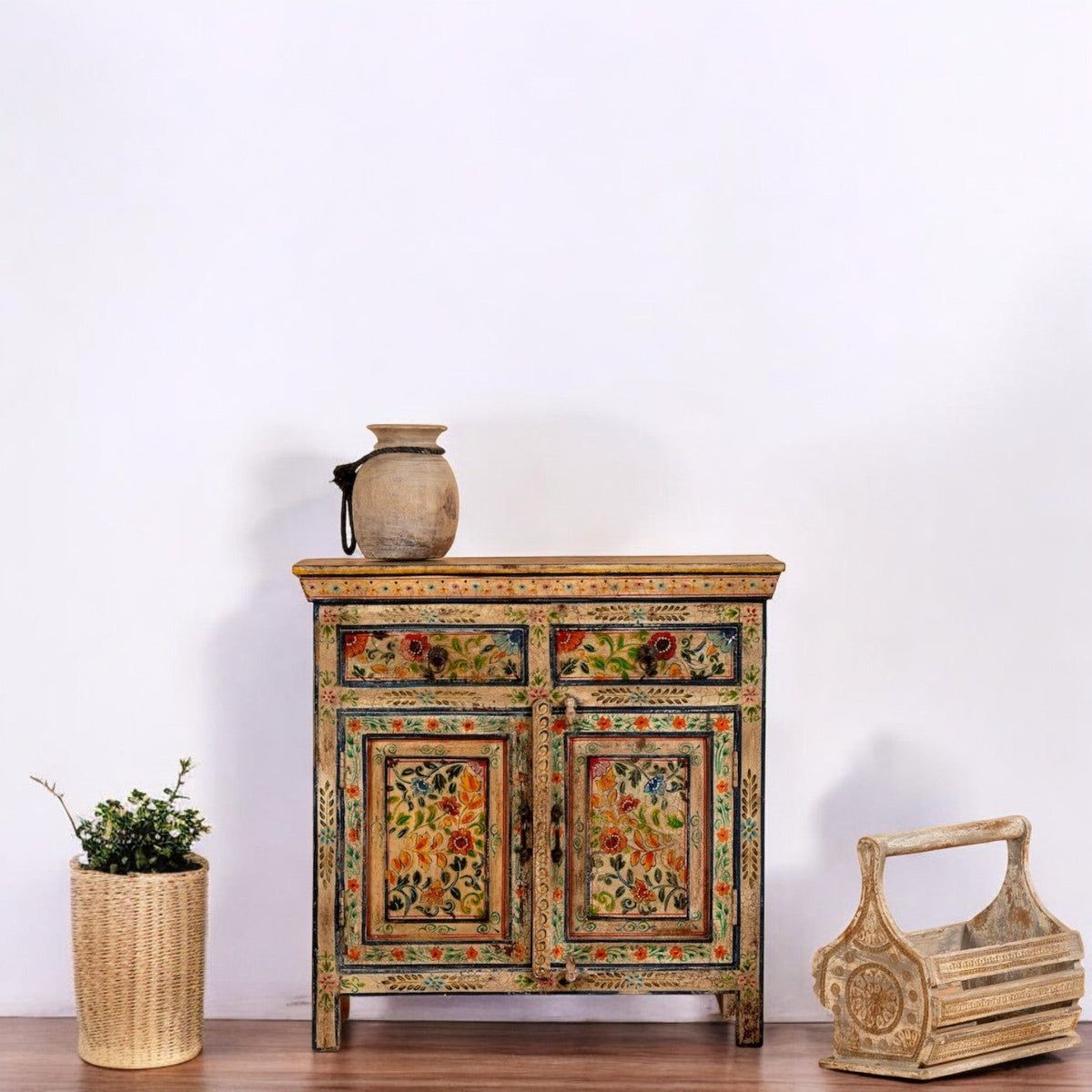 Rangoli Hand-Painted Floral Wooden Storage Cabinet - DOBRI ARTS AU