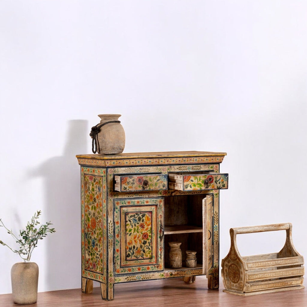 Rangoli Hand-Painted Floral Wooden Storage Cabinet - DOBRI ARTS AU