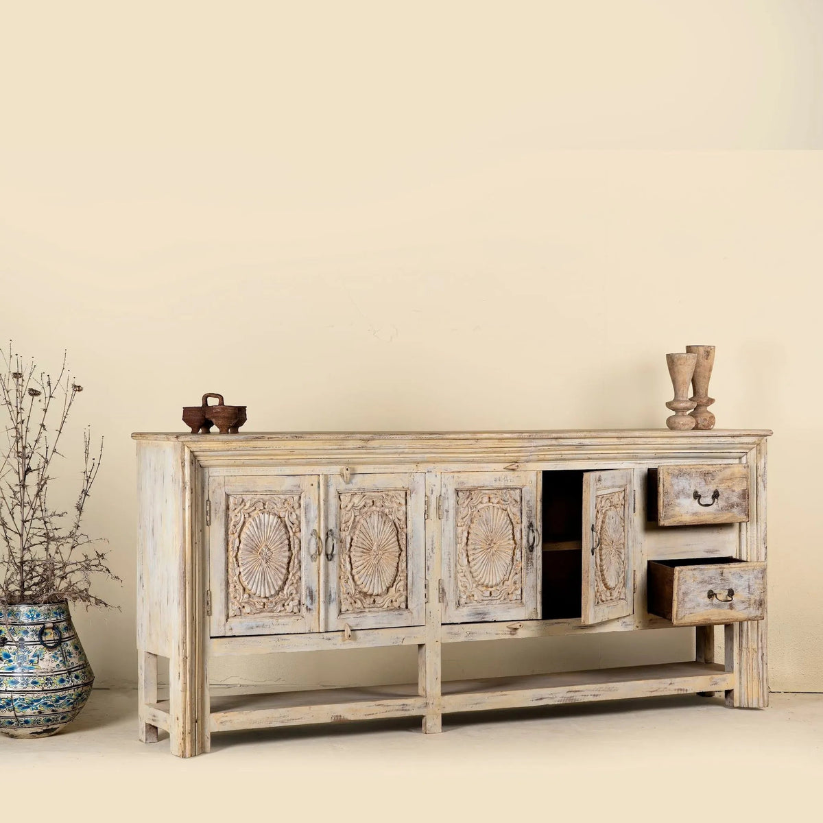 Ranjit Hand-Carved Distressed Sideboard Console - DOBRI ARTS AU