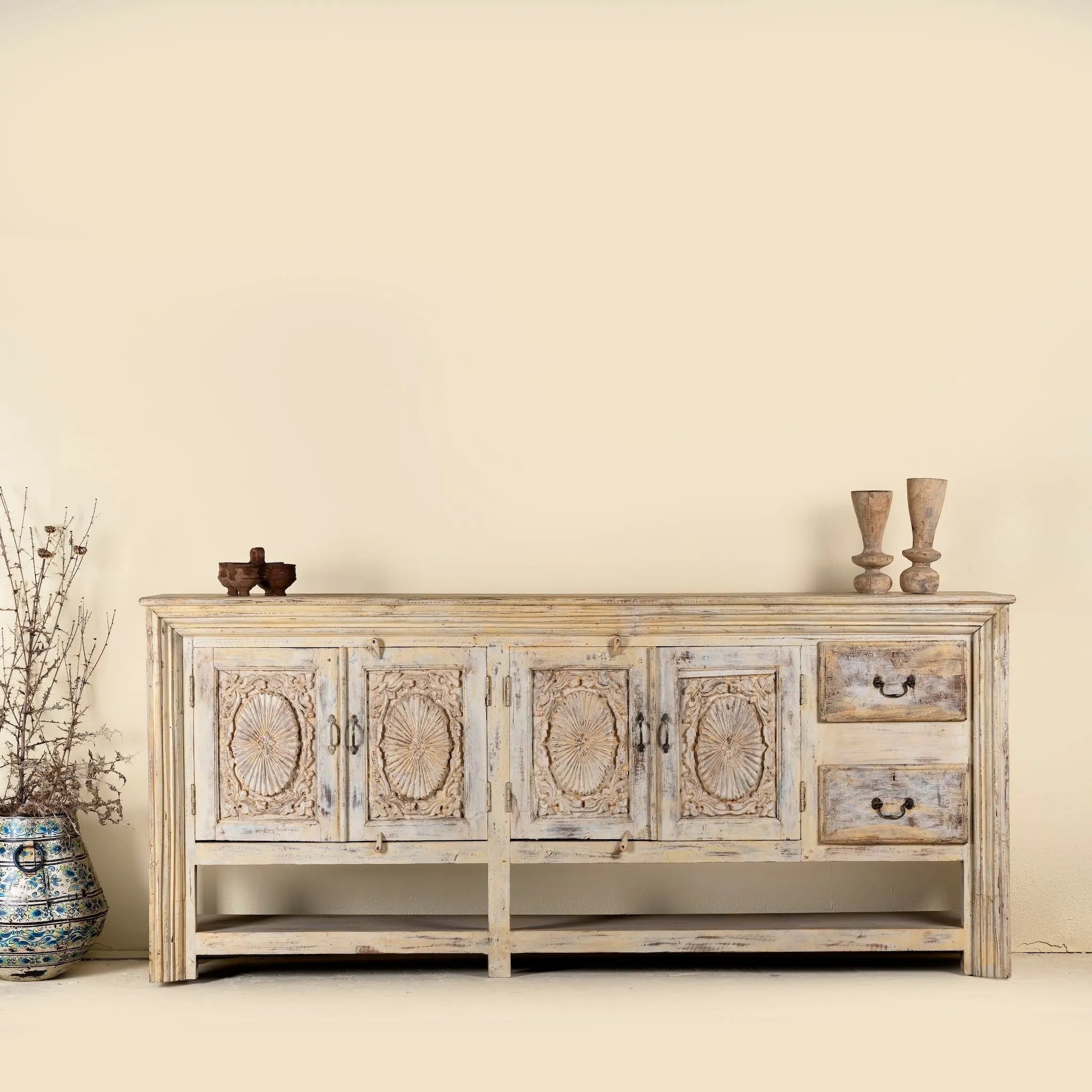 Ranjit Hand-Carved Distressed Sideboard Console - DOBRI ARTS AU