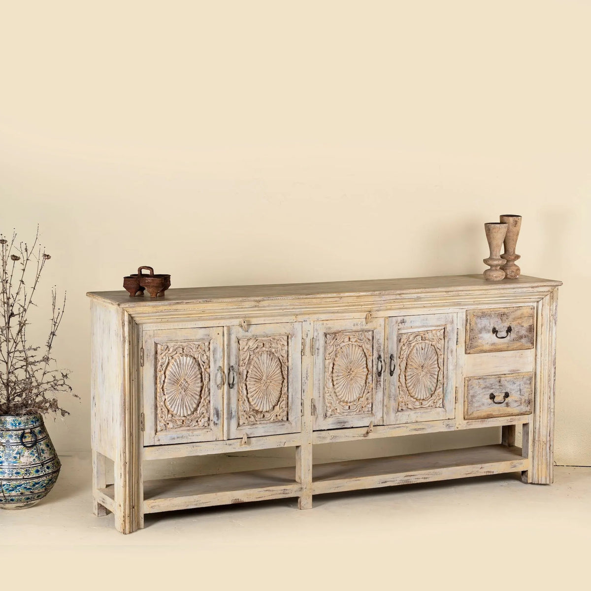 Ranjit Hand-Carved Distressed Sideboard Console - DOBRI ARTS AU