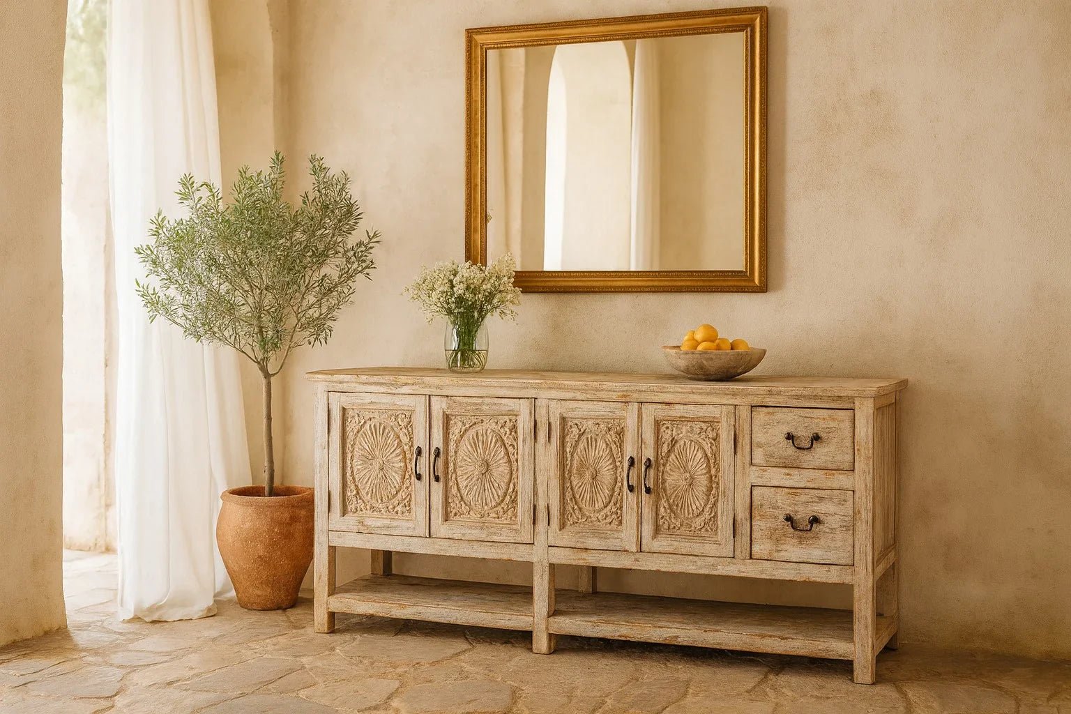 Ranjit Hand-Carved Distressed Sideboard Console - DOBRI ARTS AU