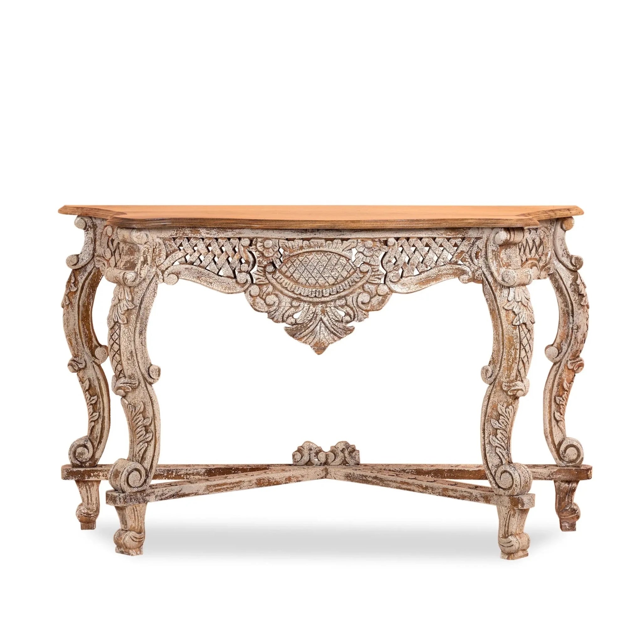 Ranpur Ornate Hand-Carved Distressed Console Table - DOBRI ARTS AU