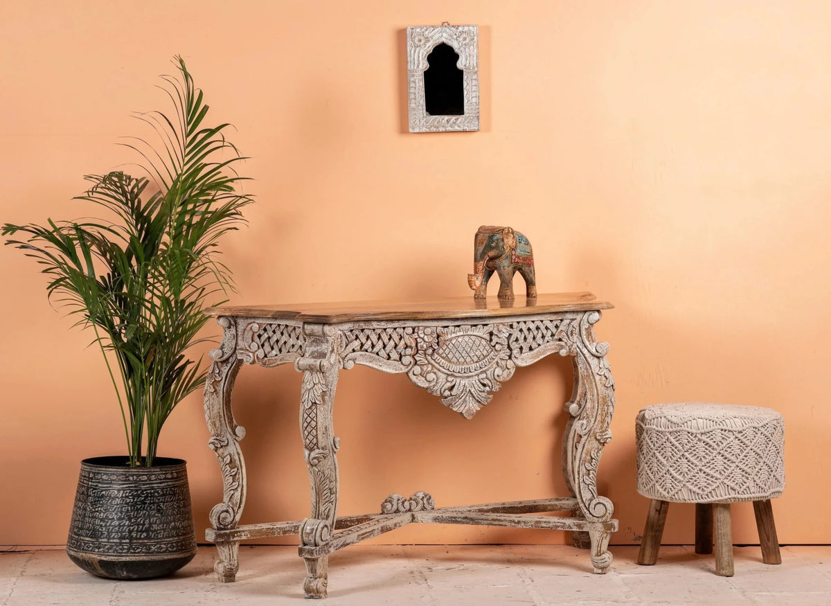 Ranpur Ornate Hand-Carved Distressed Console Table - DOBRI ARTS AU
