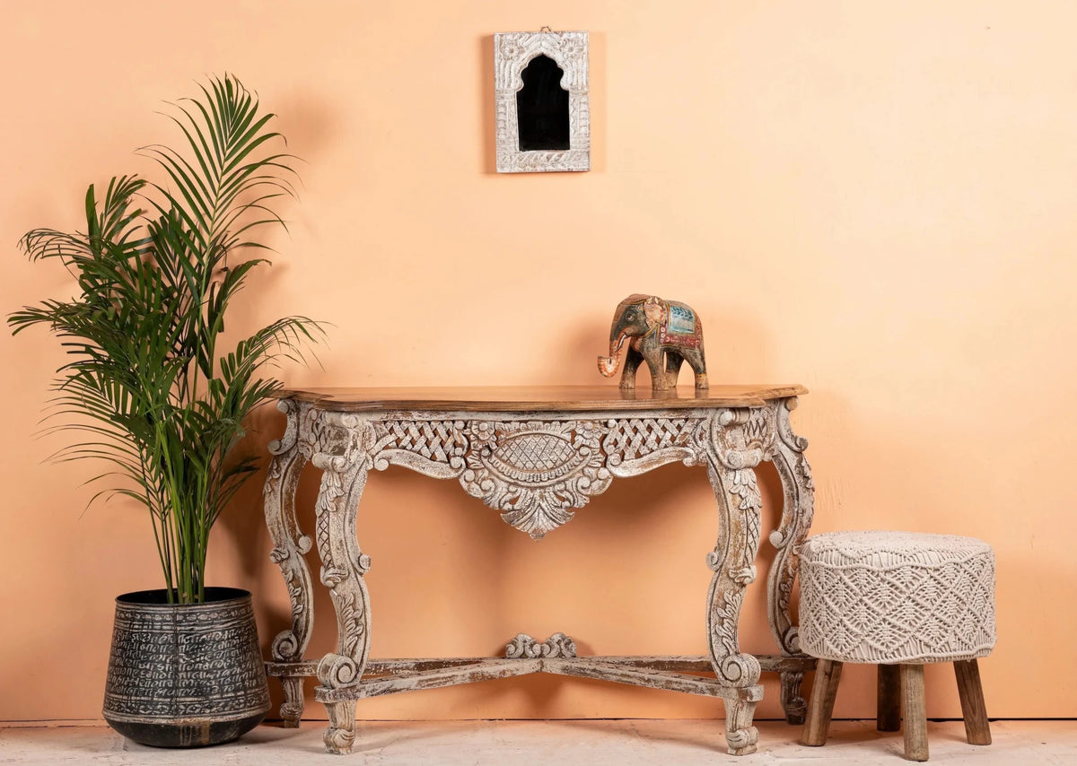 Ranpur Ornate Hand-Carved Distressed Console Table - DOBRI ARTS AU