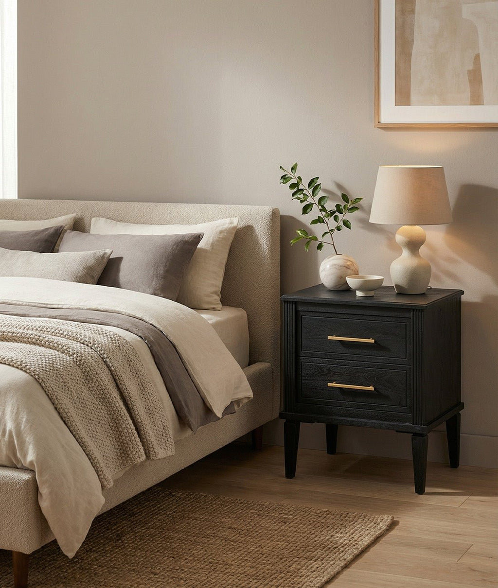Raven Matte Black Mango Wood Bedside Table – 2 Drawer Nightstand with Gold Handles, Fluted Frame & Tapered Legs - DOBRI ARTS AU