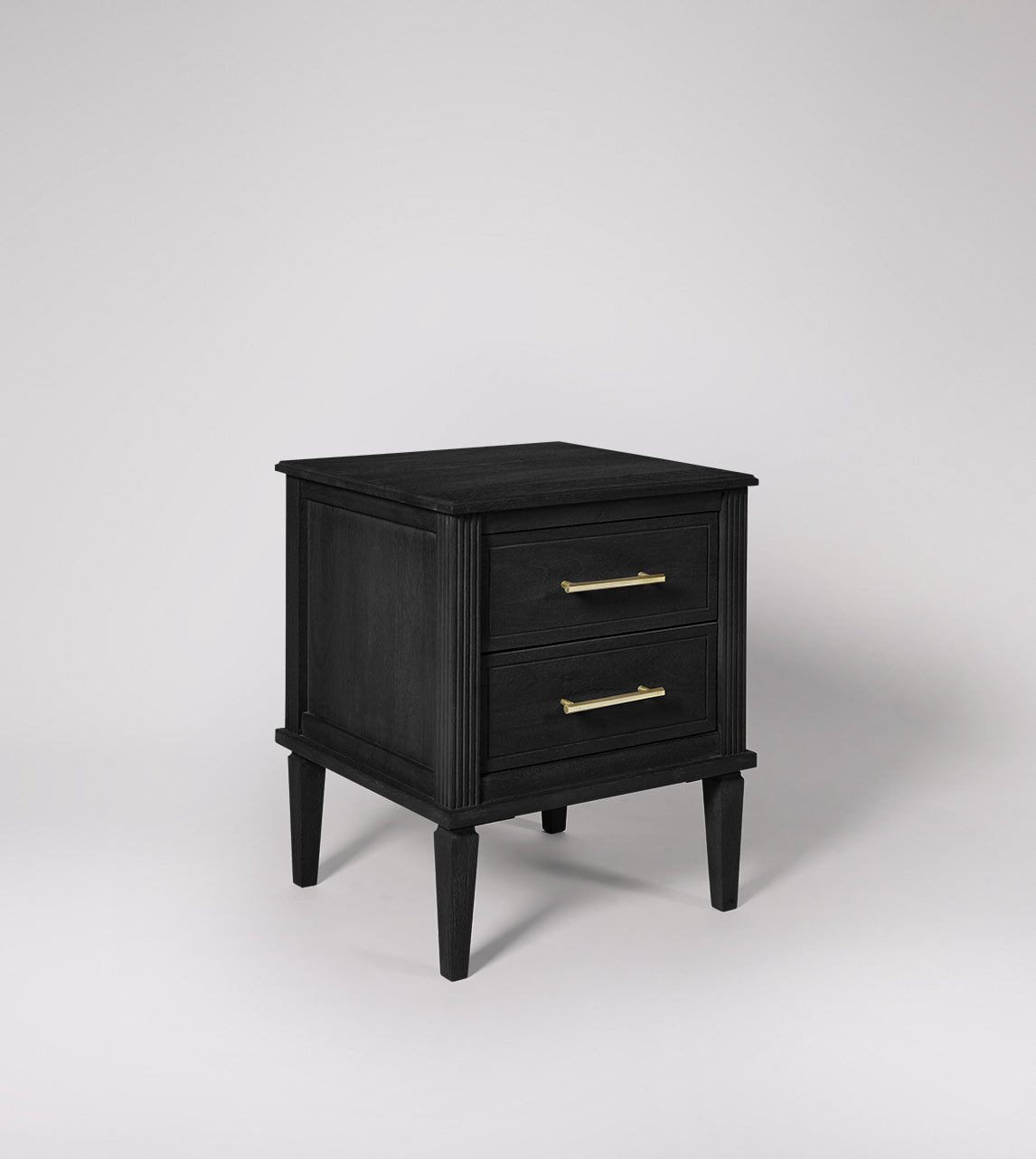 Raven Matte Black Mango Wood Bedside Table – 2 Drawer Nightstand with Gold Handles, Fluted Frame & Tapered Legs - DOBRI ARTS AU