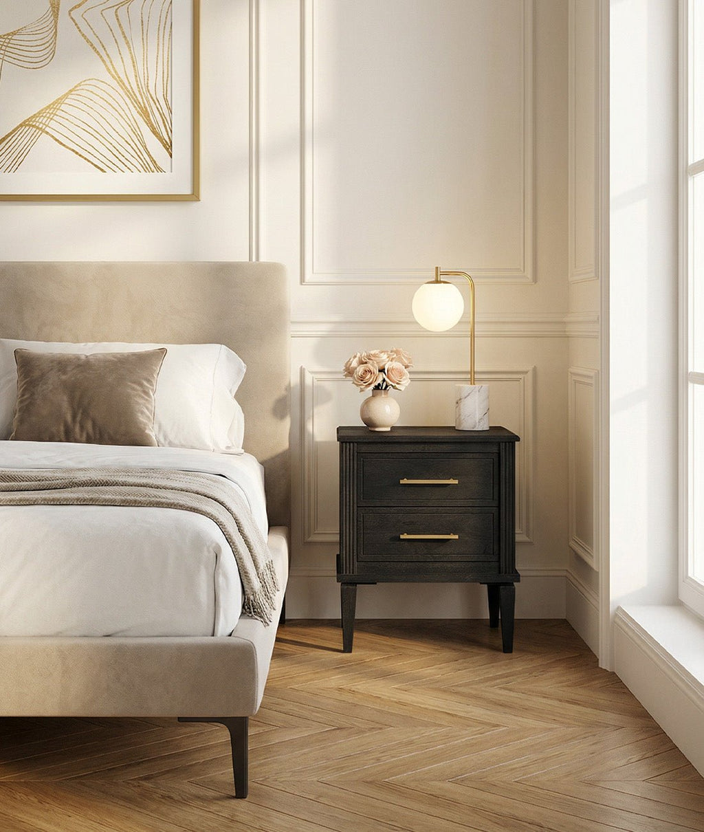 Raven Matte Black Mango Wood Bedside Table – 2 Drawer Nightstand with Gold Handles, Fluted Frame & Tapered Legs - DOBRI ARTS AU