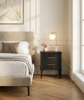 Raven Matte Black Mango Wood Bedside Table – 2 Drawer Nightstand with Gold Handles, Fluted Frame & Tapered Legs - DOBRI ARTS AU