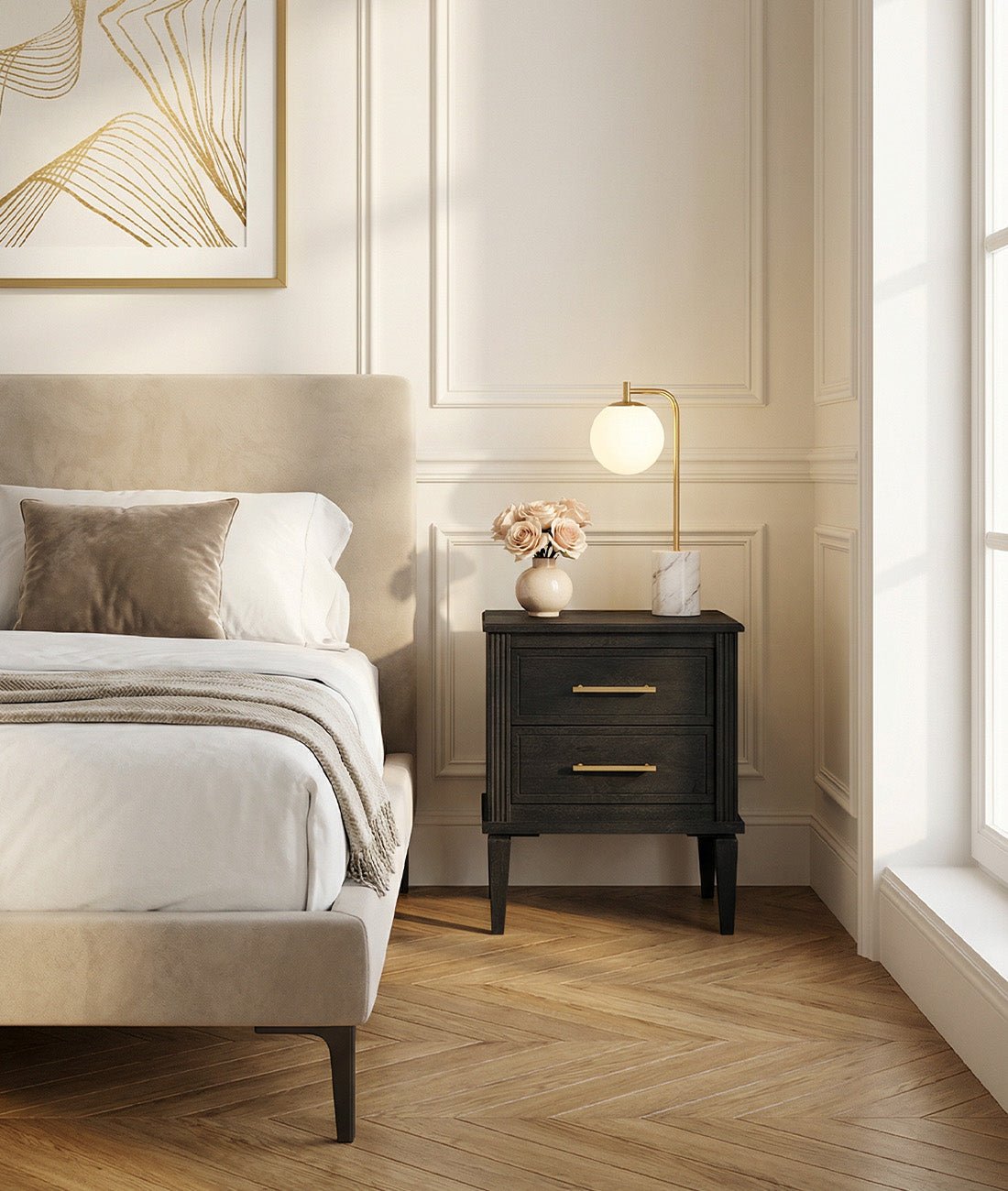 Raven Matte Black Mango Wood Bedside Table – 2 Drawer Nightstand with Gold Handles, Fluted Frame & Tapered Legs - DOBRI ARTS AU