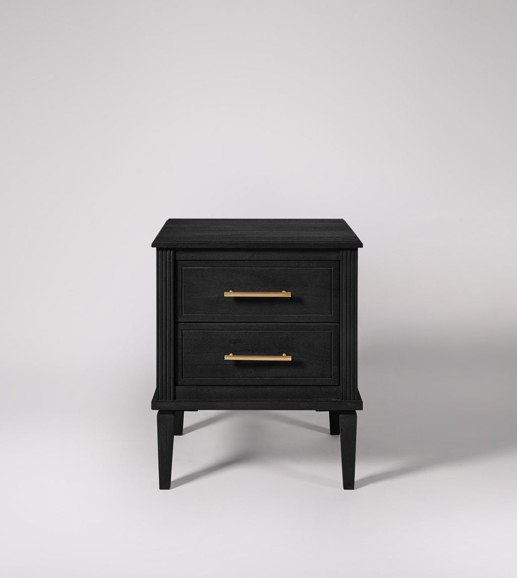 Raven Matte Black Mango Wood Bedside Table – 2 Drawer Nightstand with Gold Handles, Fluted Frame & Tapered Legs - DOBRI ARTS AU