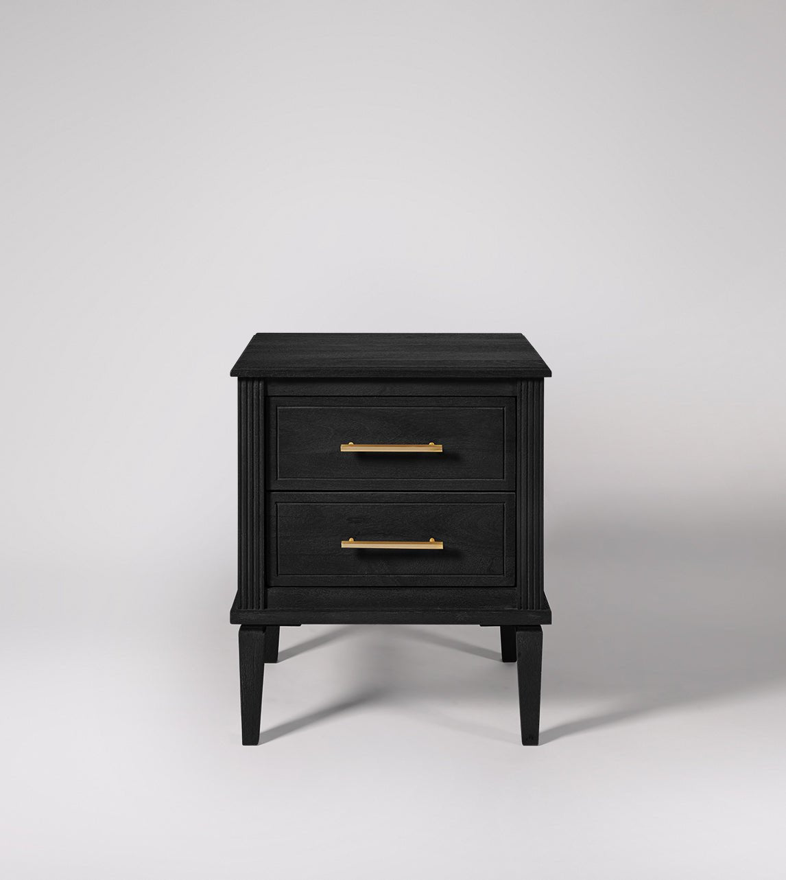 Raven Matte Black Mango Wood Bedside Table – 2 Drawer Nightstand with Gold Handles, Fluted Frame & Tapered Legs - DOBRI ARTS AU