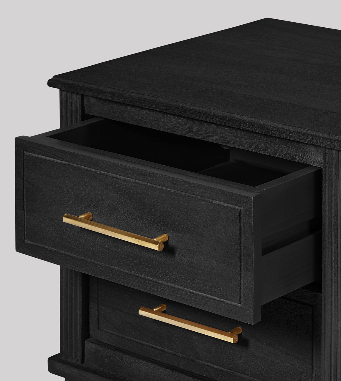 Raven Matte Black Mango Wood Bedside Table – 2 Drawer Nightstand with Gold Handles, Fluted Frame & Tapered Legs - DOBRI ARTS AU