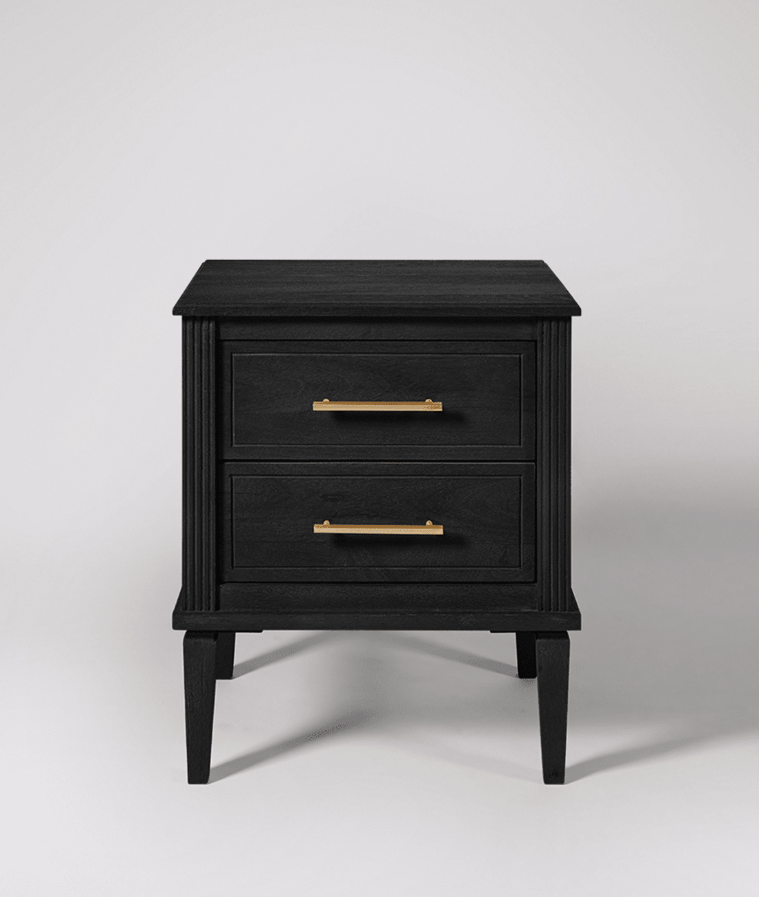 Raven Matte Black Mango Wood Bedside Table – 2 Drawer Nightstand with Gold Handles, Fluted Frame & Tapered Legs - DOBRI ARTS AU