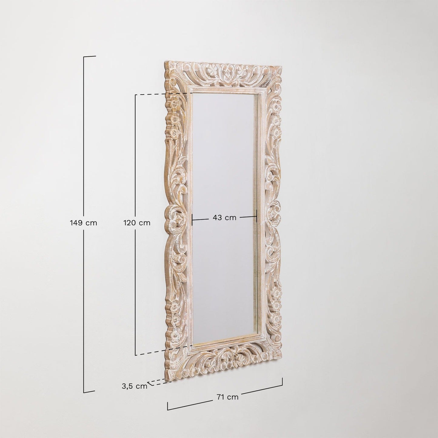 "Antique full-length mirror with an elaborately carved Jharokha frame, perfect for dressing rooms, large living spaces, or gallery walls."