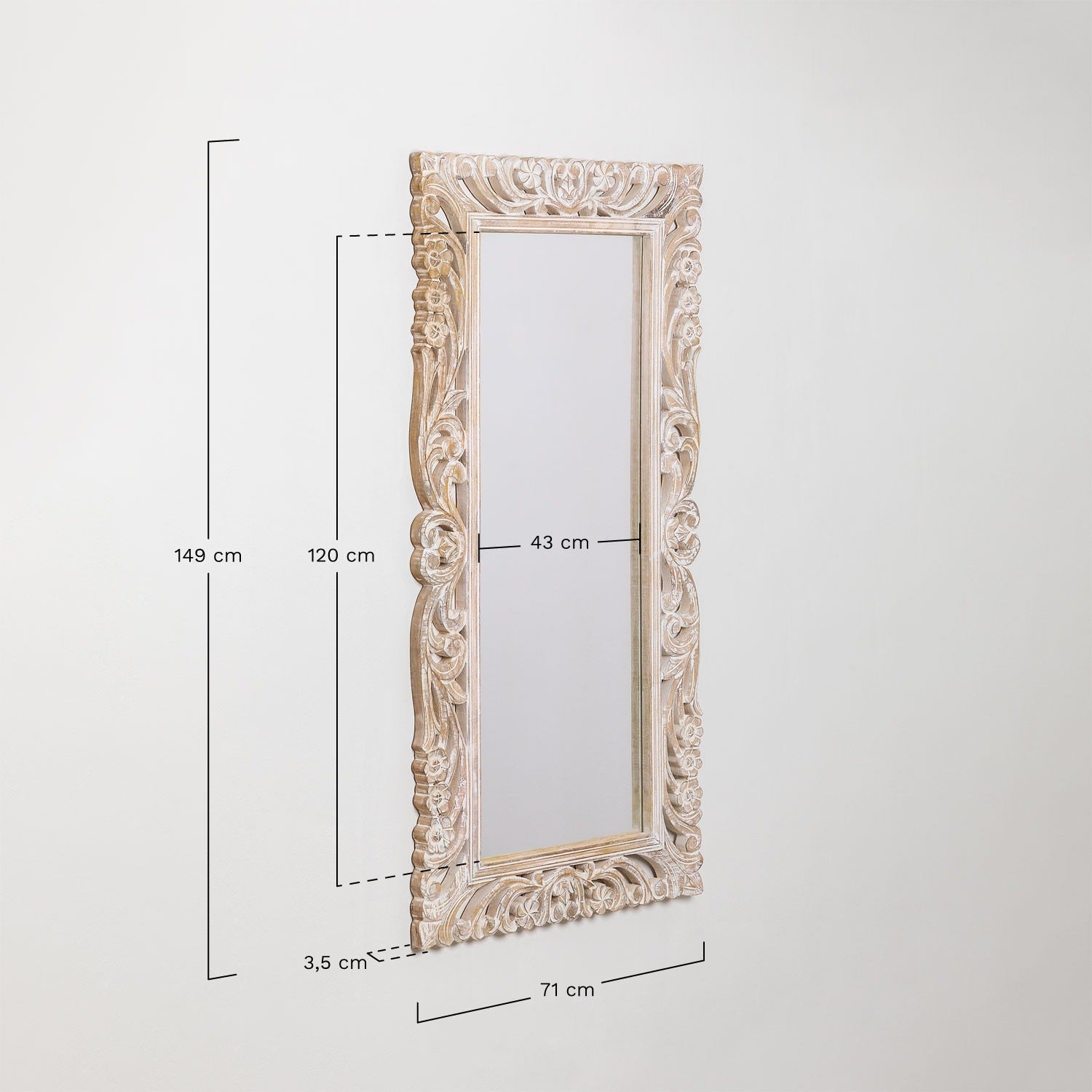 "Antique full-length mirror with an elaborately carved Jharokha frame, perfect for dressing rooms, large living spaces, or gallery walls."