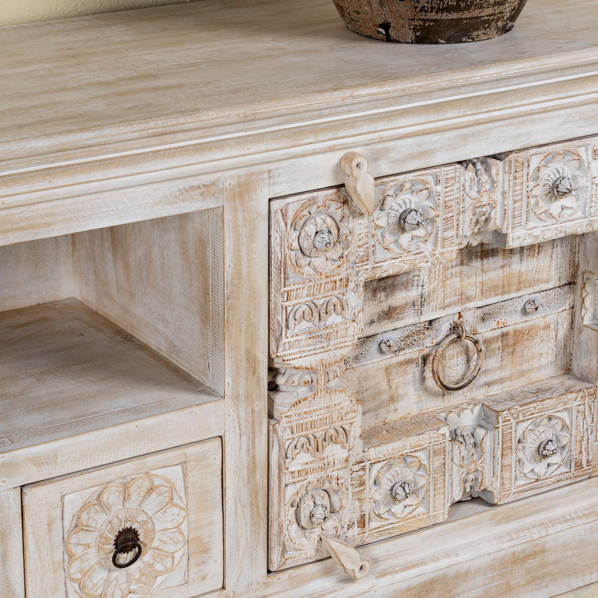 Rewa Rustic Hand-Carved Lowboard with Sliding Doors & Drawer Storage - DOBRI ARTS AU