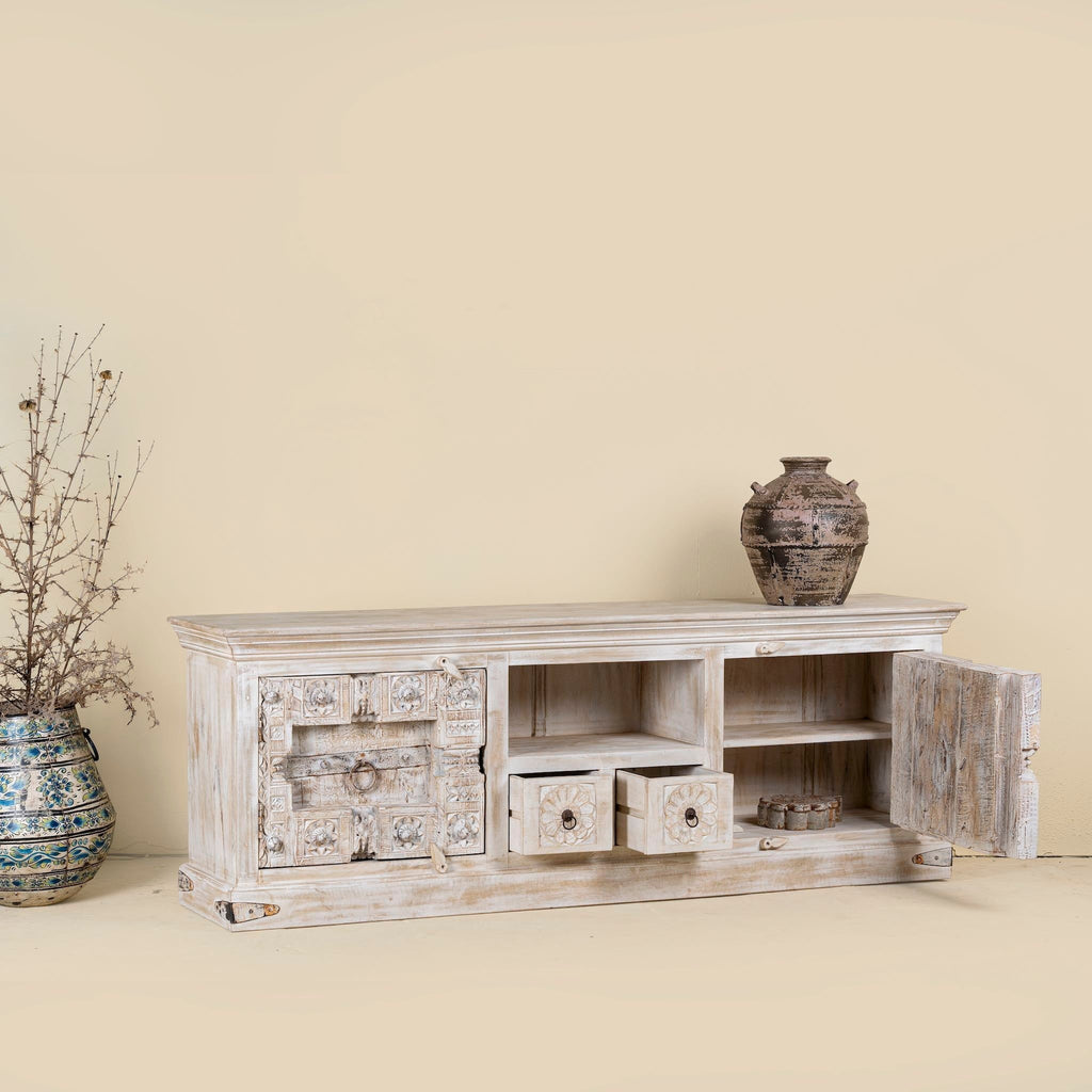 Rewa Rustic Hand-Carved Lowboard with Sliding Doors & Drawer Storage - DOBRI ARTS AU
