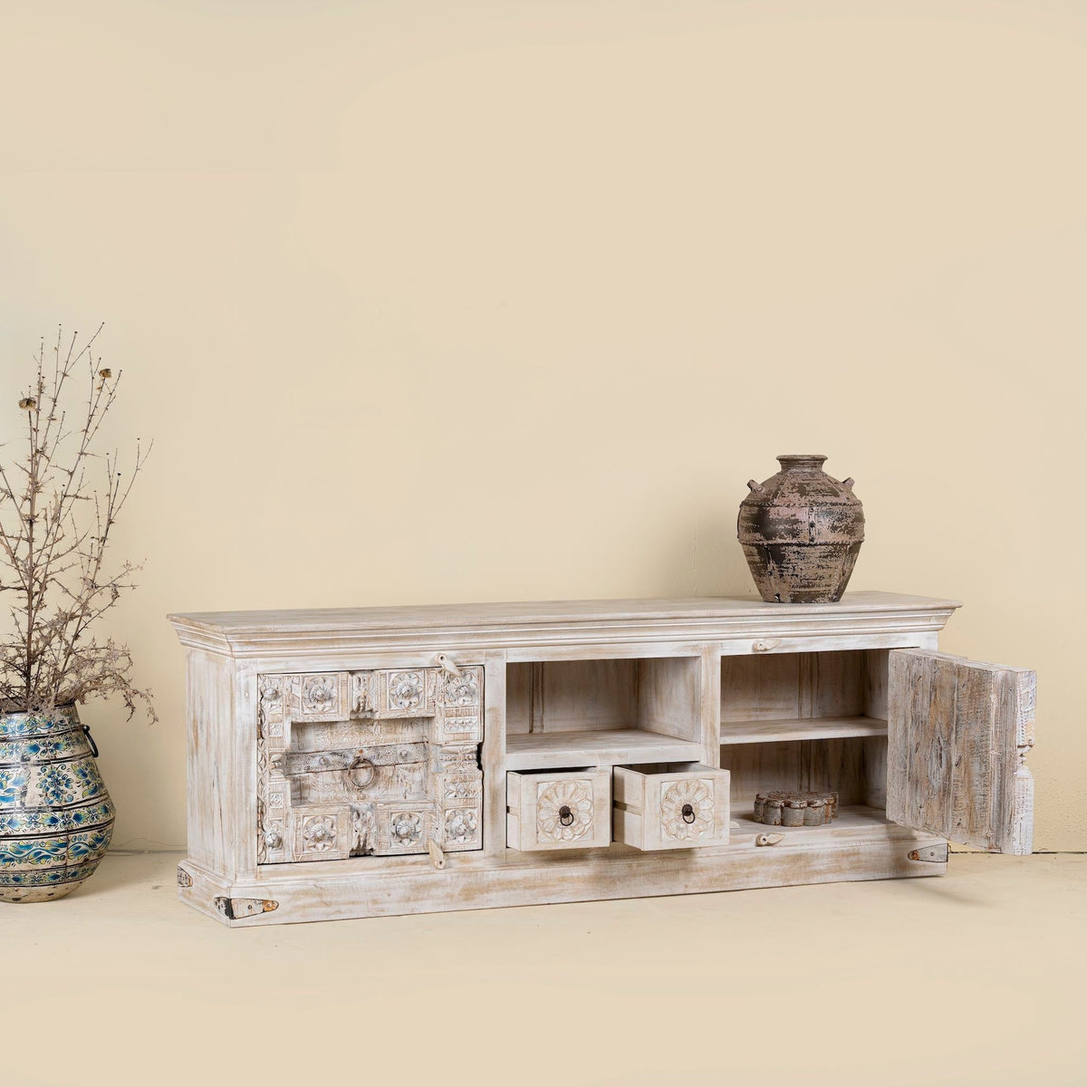 Rewa Rustic Hand-Carved Lowboard with Sliding Doors & Drawer Storage - DOBRI ARTS AU