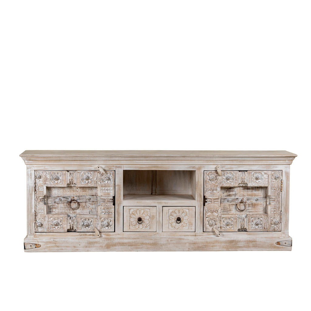 Rewa Rustic Hand-Carved Lowboard with Sliding Doors & Drawer Storage - DOBRI ARTS AU