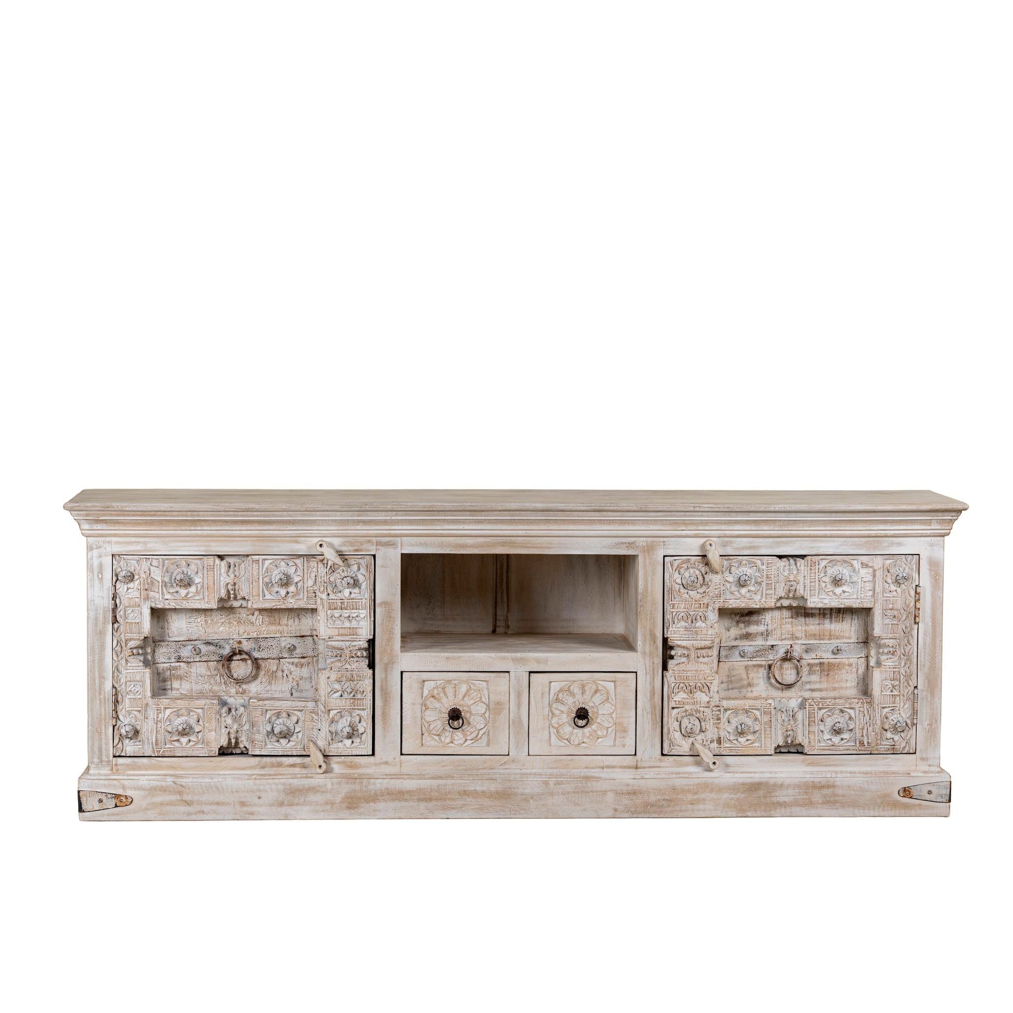 Rewa Rustic Hand-Carved Lowboard with Sliding Doors & Drawer Storage - DOBRI ARTS AU