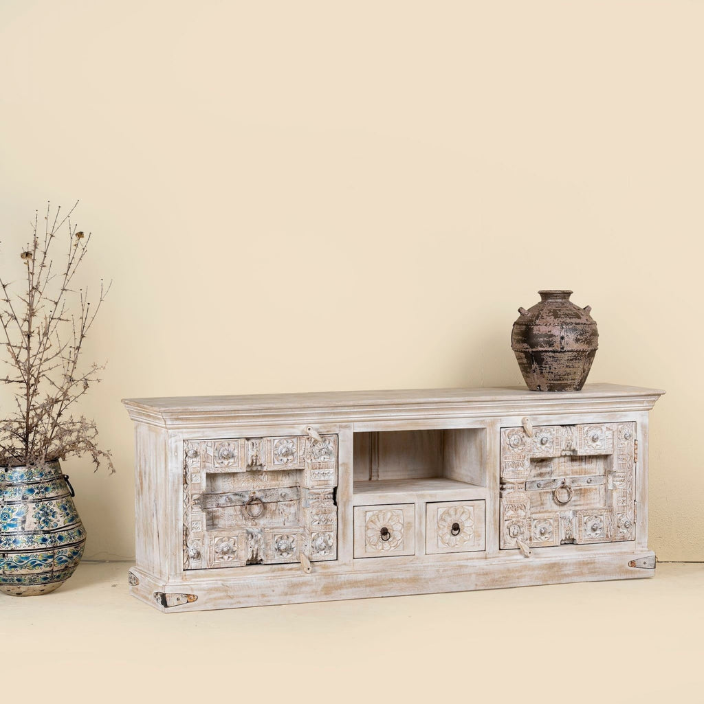 Rewa Rustic Hand-Carved Lowboard with Sliding Doors & Drawer Storage - DOBRI ARTS AU