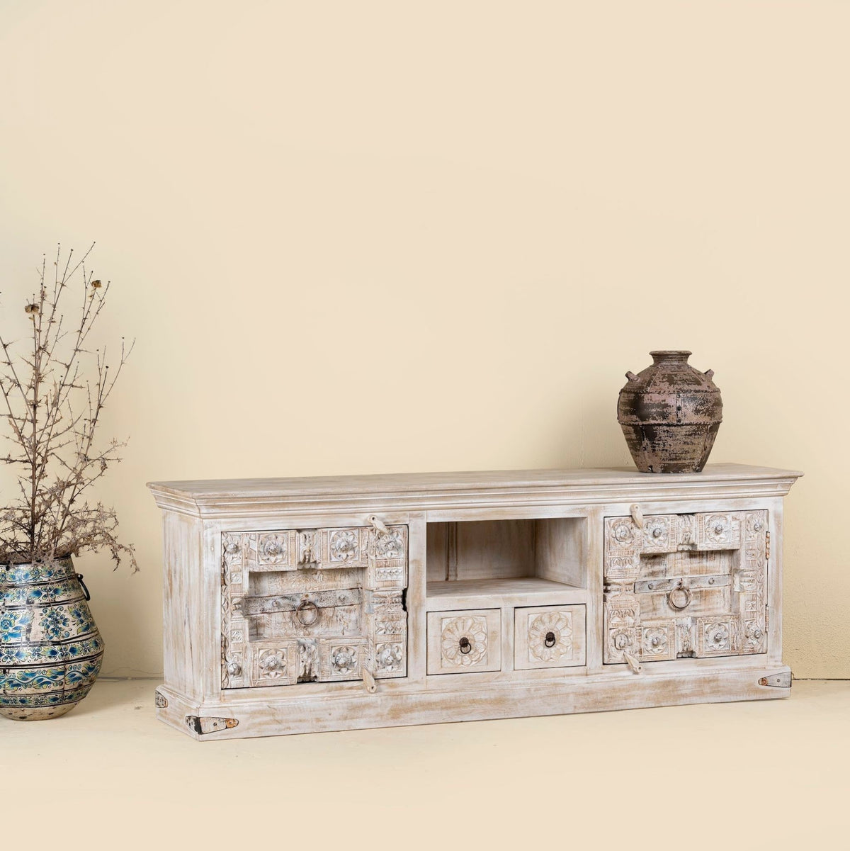 Rewa Rustic Hand-Carved Lowboard with Sliding Doors & Drawer Storage - DOBRI ARTS AU
