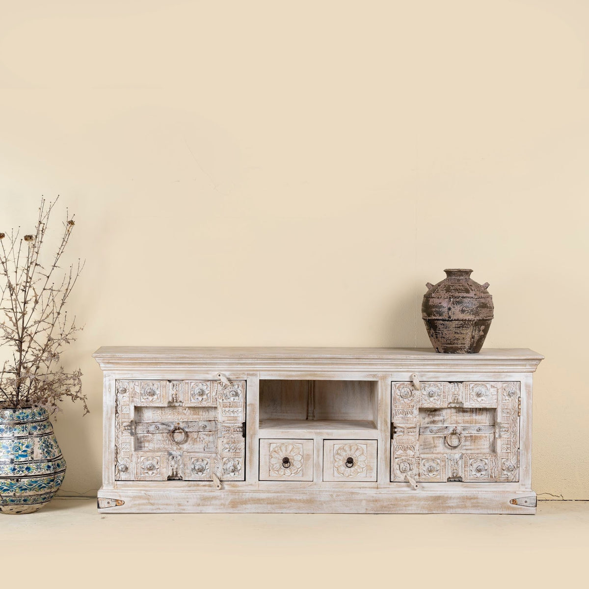 Rewa Rustic Hand-Carved Lowboard with Sliding Doors & Drawer Storage - DOBRI ARTS AU