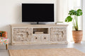 Rewa Rustic Hand-Carved Lowboard with Sliding Doors & Drawer Storage - DOBRI ARTS AU