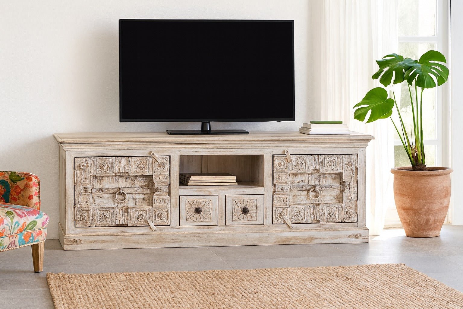 Rewa Rustic Hand-Carved Lowboard with Sliding Doors & Drawer Storage - DOBRI ARTS AU