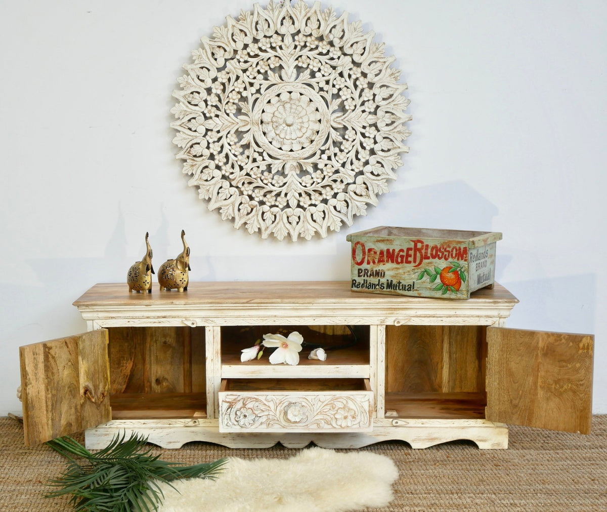 Rourkela Hand-Carved Mango Wood Lowboard with Central Shelf & Drawer - DOBRI ARTS AU