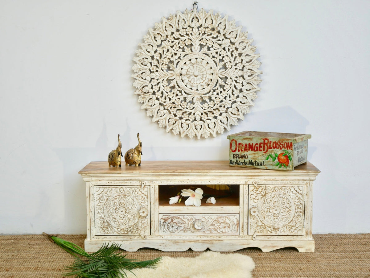 Rourkela Hand-Carved Mango Wood Lowboard with Central Shelf & Drawer - DOBRI ARTS AU