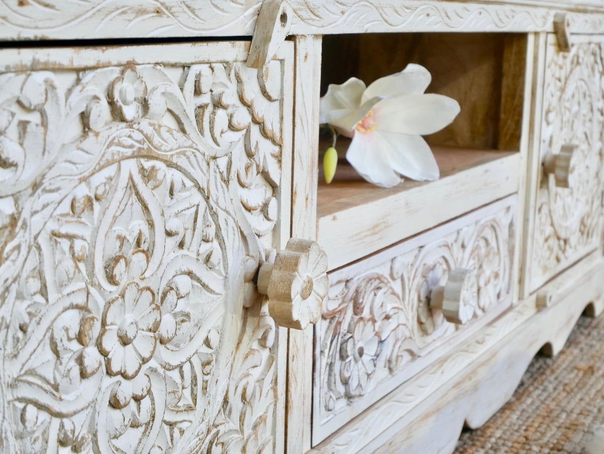 Rourkela Hand-Carved Mango Wood Lowboard with Central Shelf & Drawer - DOBRI ARTS AU