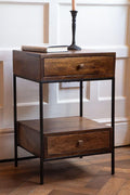 Rowan Light Walnut Mango Wood Bedside Table – 2 Drawer Nightstand with Iron Frame, Open Shelf & Industrial Modern Design - DOBRI ARTS AU