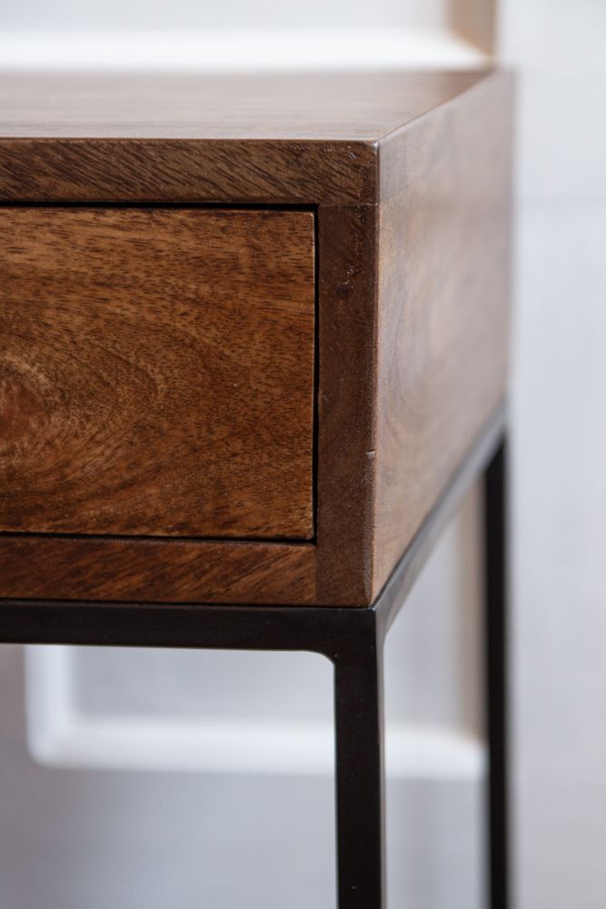 Rowan Light Walnut Mango Wood Bedside Table – 2 Drawer Nightstand with Iron Frame, Open Shelf & Industrial Modern Design - DOBRI ARTS AU