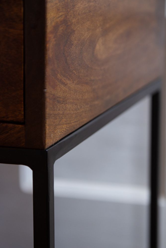Rowan Light Walnut Mango Wood Bedside Table – 2 Drawer Nightstand with Iron Frame, Open Shelf & Industrial Modern Design - DOBRI ARTS AU