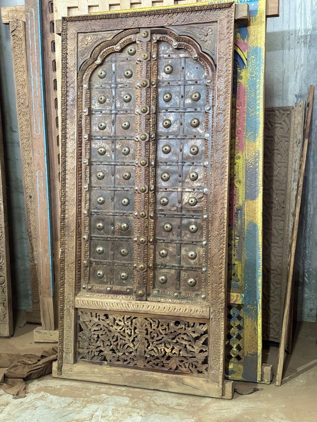 Rudra Hand-Carved Studded Wooden Door Panel with Jali Base - DOBRI ARTS AU