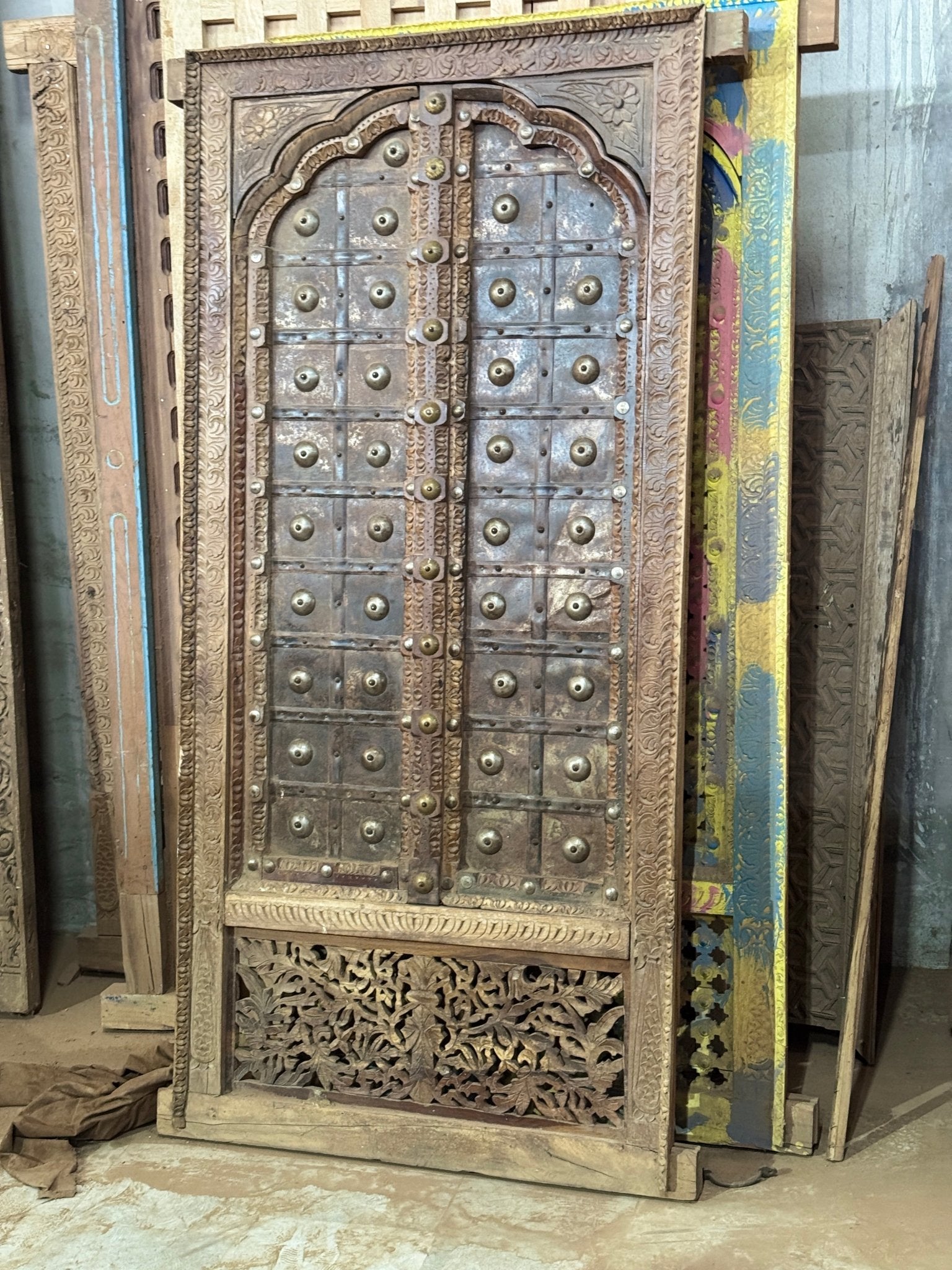 Rudra Hand-Carved Studded Wooden Door Panel with Jali Base - DOBRI ARTS AU