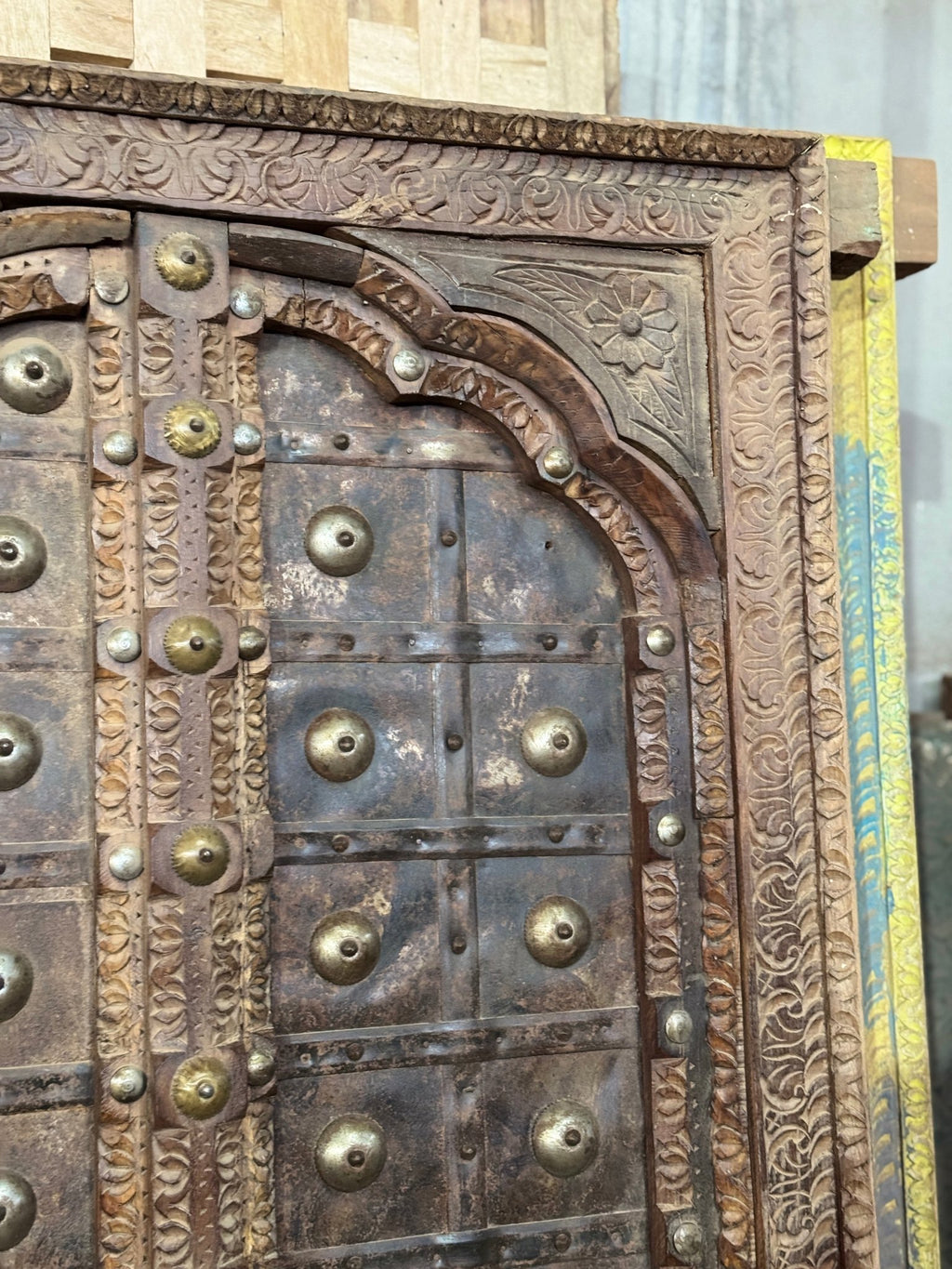 Rudra Hand-Carved Studded Wooden Door Panel with Jali Base - DOBRI ARTS AU
